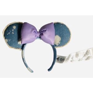 NEW Distressed Denim Paint Splatter Purple Bow Minnie Ears Disney Sz Adult NWT